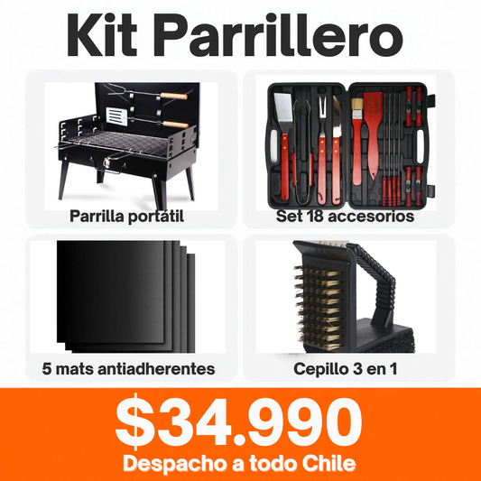 Kit Parrillero RackSale: parrilla portátil, set 18 accesorios, 5 mats antiadherentes y cepillo 3 en 1 por $34.990