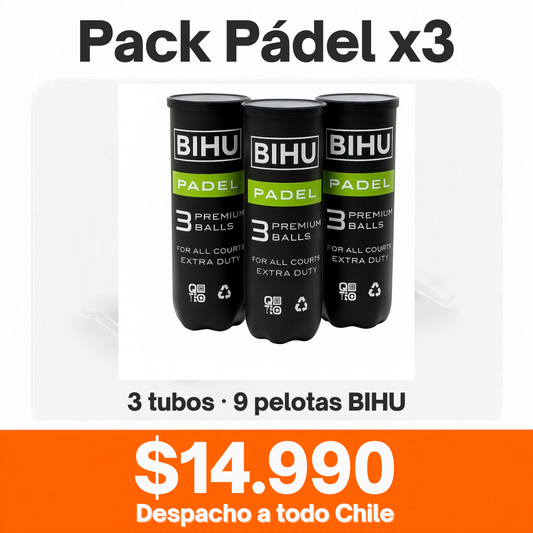 Pack 3 tubos de pelotas de pádel BIHU, 9 pelotas, por $14.990