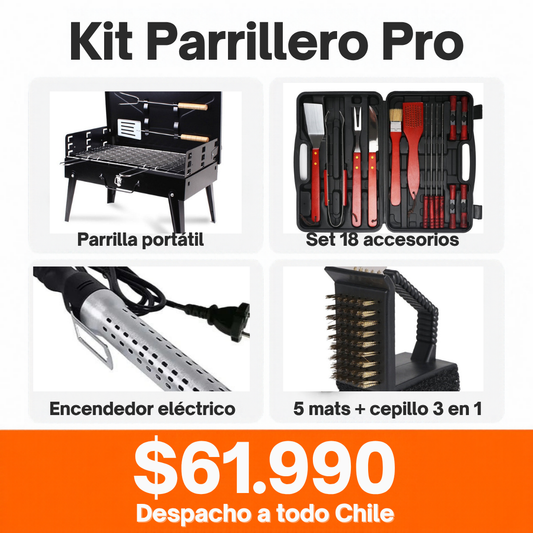 Kit Parrillero Pro RackSale: parrilla portátil, set 18 accesorios, encendedor eléctrico, 5 mats y cepillo 3 en 1 por $61.990
