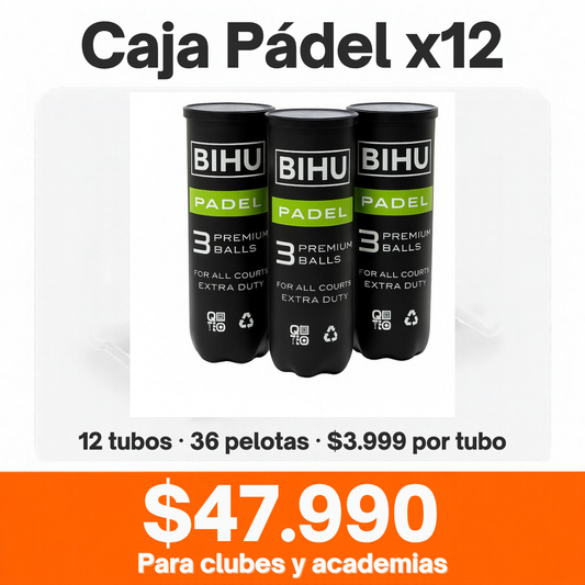 Caja 12 tubos de pelotas de pádel BIHU, 36 pelotas, por $47.990 para clubes y academias